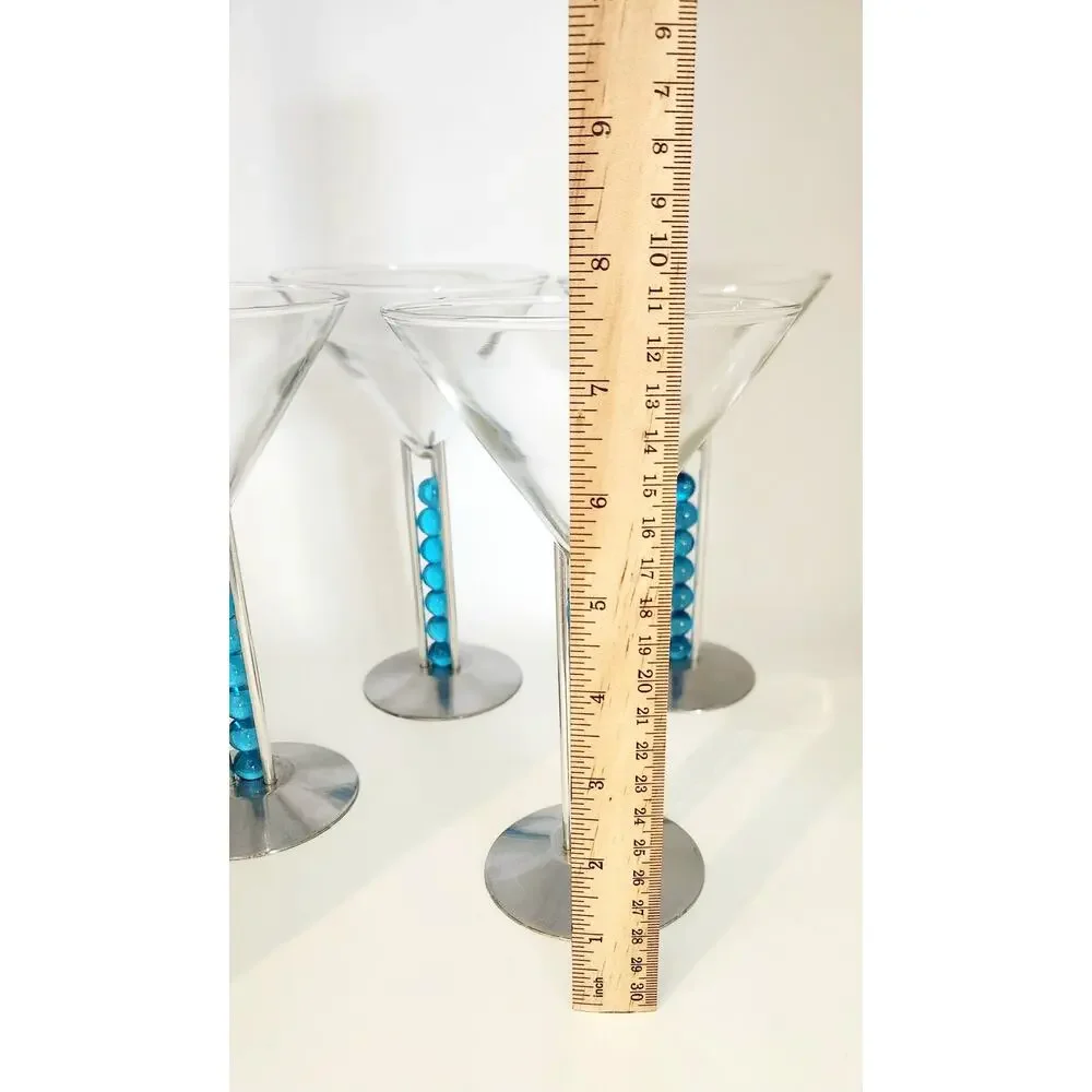 4 Patricia Heaton Bombay Sapphire Martini Glasses Blue Beads 1999 Artglass